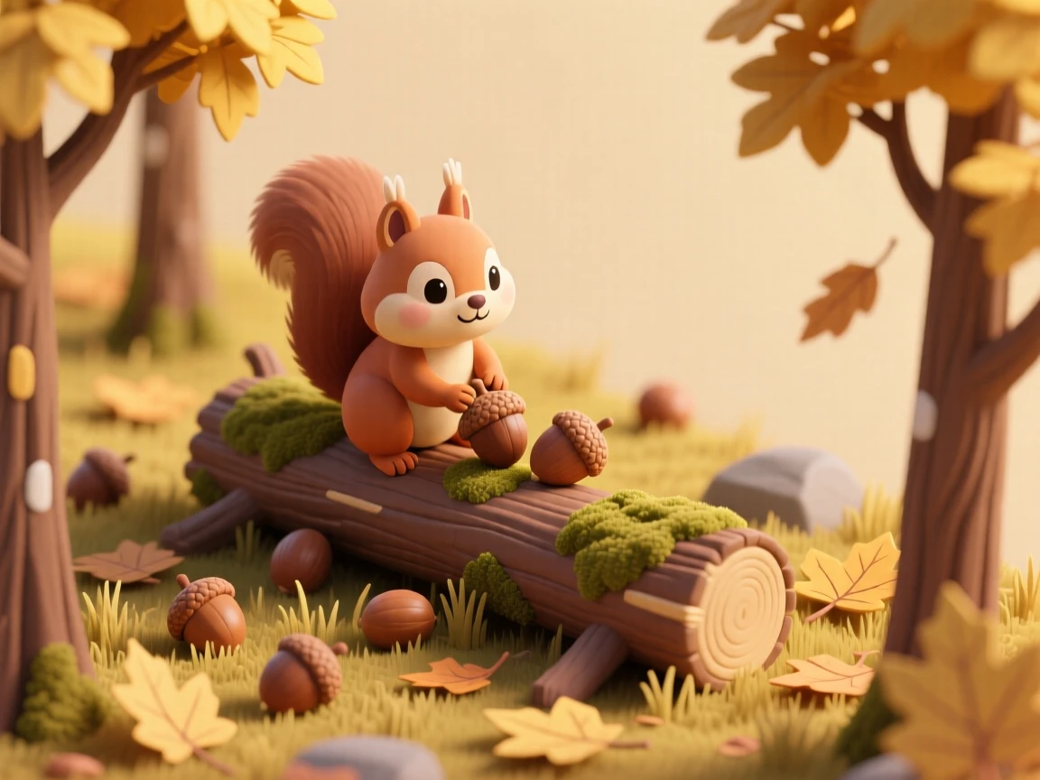 A curious squirrel gathering acorns in a golden forest, its cheeks puffed full, pausing atop a moss-covered log.