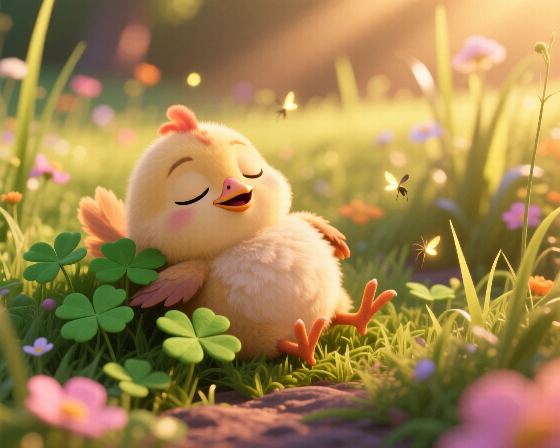 A fuzzy chick is lounging in a patch of clover, wagging its tail happily. A gentle, sleepy calm fills the moment, with warm colors filling the background.