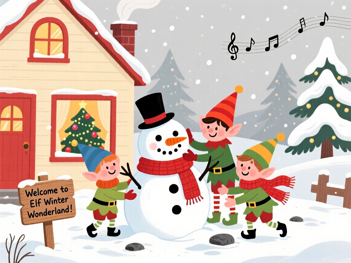 In a family farmhouse, a group of cheerful elves celebrate together by building a snowman complete with a carrot nose, while soft carols play in the background.