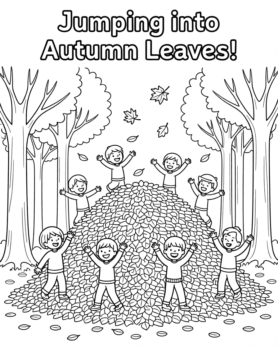 An autumn forest with children jumping into a pile of leaves