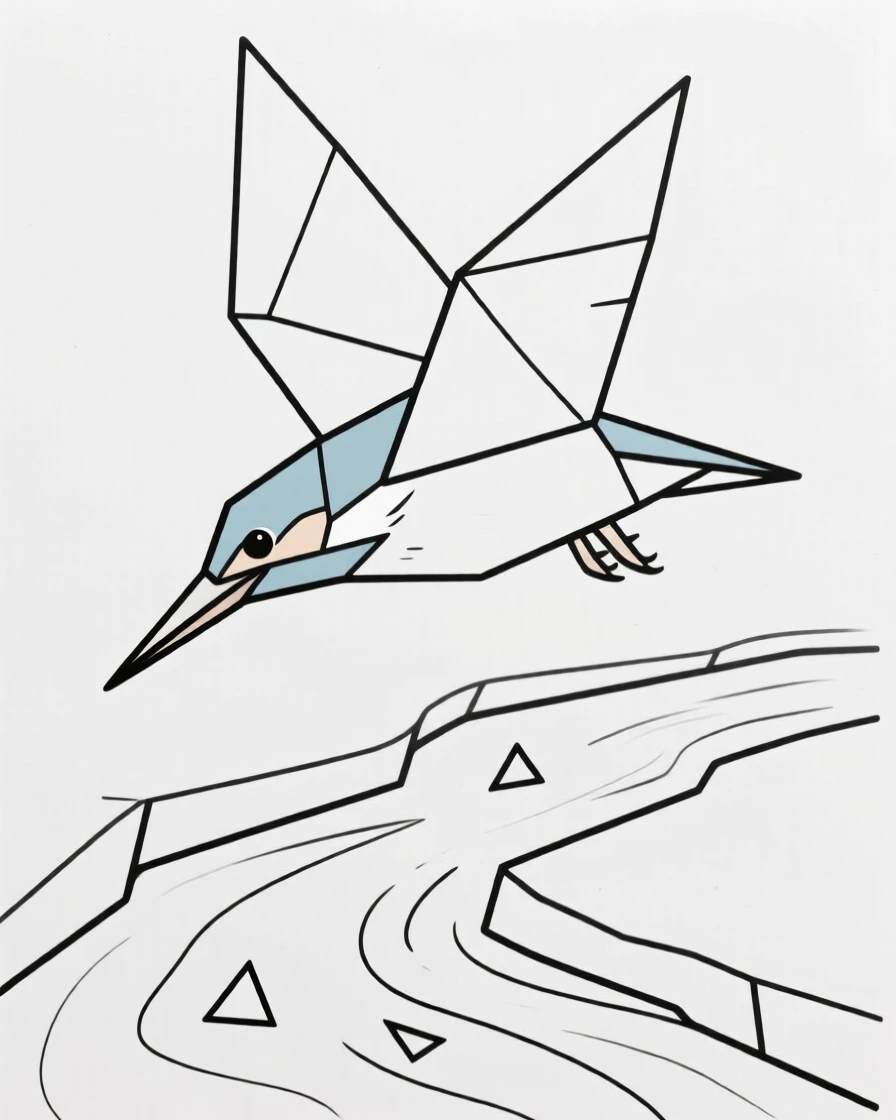 A kingfisher diving toward a stream