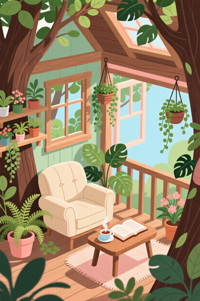 A cozy reading corner in a treehouse surrounded by leaves, set within a plant-filled room bursting with greenery, shown from a slightly elevated angle for a cozy overview, with gentle pastel tones evoking calm and comfort.