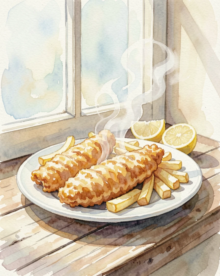A plate of fish and chips with lemon wedges on a windowsill with morning light with steam gently rising.