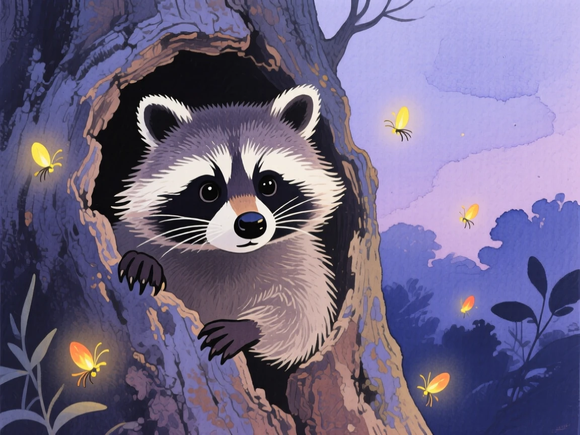 A curious raccoon peeks out from a hollow log at twilight, tiny paws gripping the bark, fireflies glowing nearby