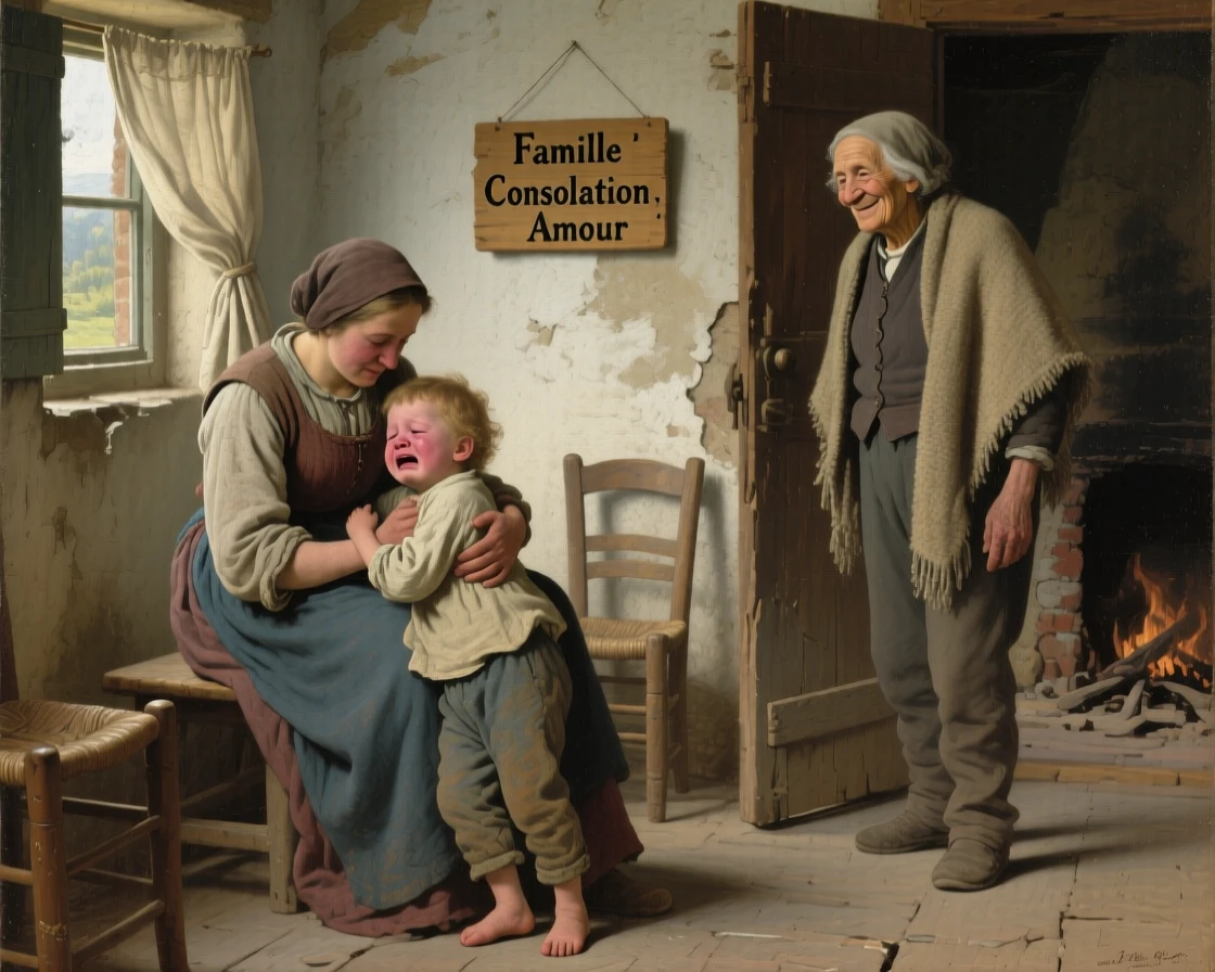 A mother comforting her crying toddler with a gentle embrace, as an older family member watches on with a proud smile, radiating comfort, love, and togetherness