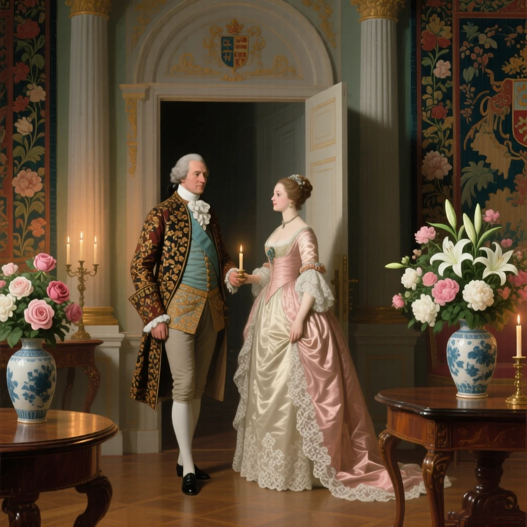 A count and countess receiving guests at a candlelit ballroom entrance in a moment of quiet, practiced grace, set in a richly furnished drawing room with tapestried walls, with fresh flowers arranged in porcelain vases throughout the room; rich architectural framing lends grandeur without crowding the figures, suggesting both splendor and the fleeting nature of such moments.