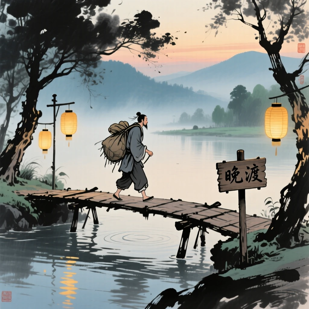 A lone traveler crossing a footbridge with a bundle over his shoulder, as lanterns are lit for the evening, filled with tranquil stillness.