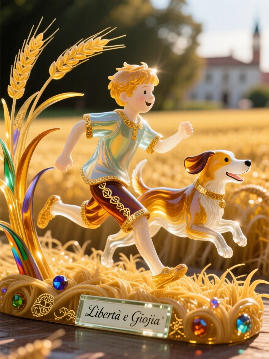 A young boy and his loyal dog running across a golden wheat field, joyful and free.