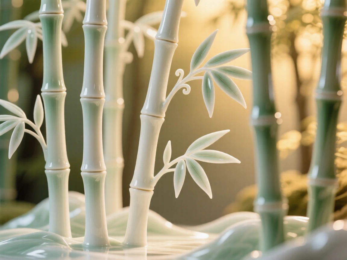 A tranquil bamboo forest with light filtering through, bathed in warm golden light.