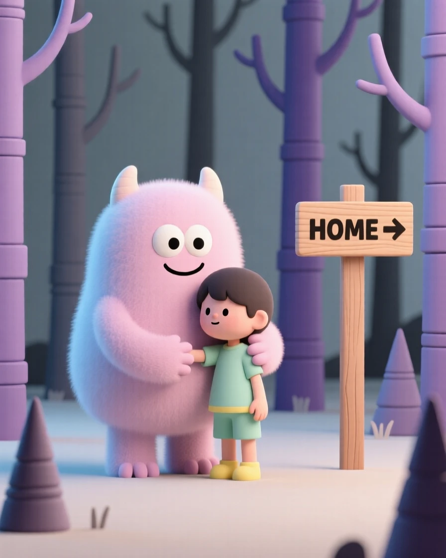 A fluffy pastel-colored monster hugs a lost child tightly, guiding them safely back home through a spooky forest.