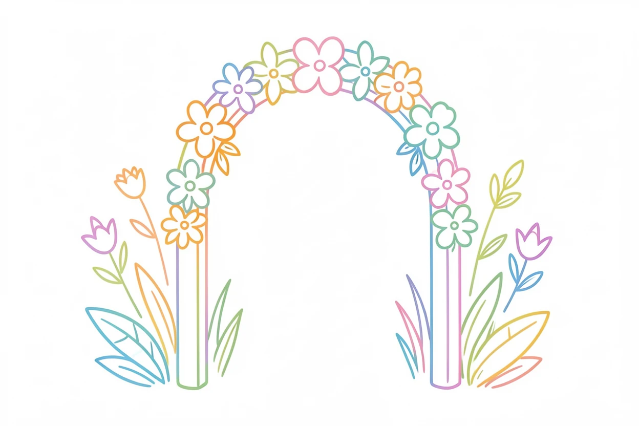 A wedding arch decorated with flowers standing in a garden aisle.