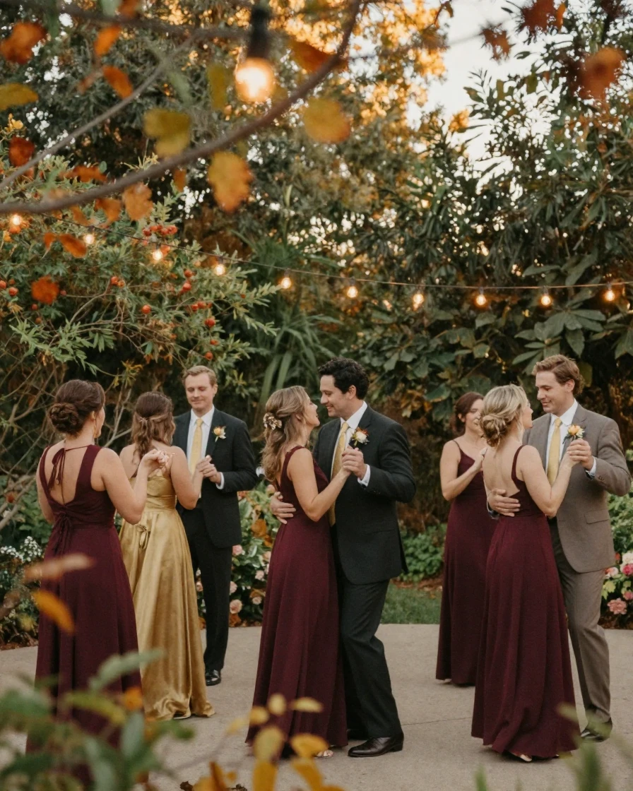 A wedding party dancing beneath strings of warm lights in a garden, under strings of warm string lights, in crisp, dry air, in the mild days of early autumn, with rich burgundy and gold accents, peering through foliage in the foreground.