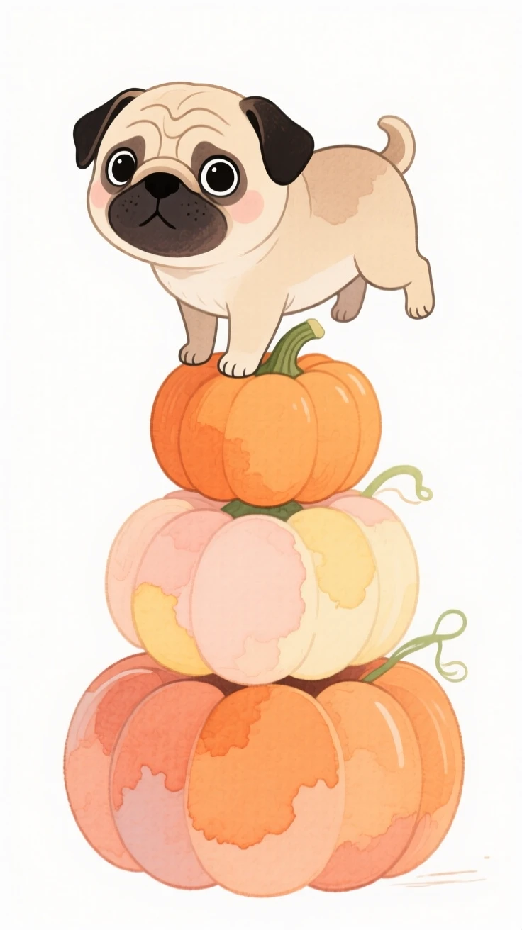 A pug puppy balancing on a stack of pumpkins