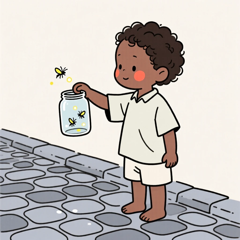 A small child of Kenyan heritage catching fireflies in a jar at dusk, on a quiet cobblestone street.