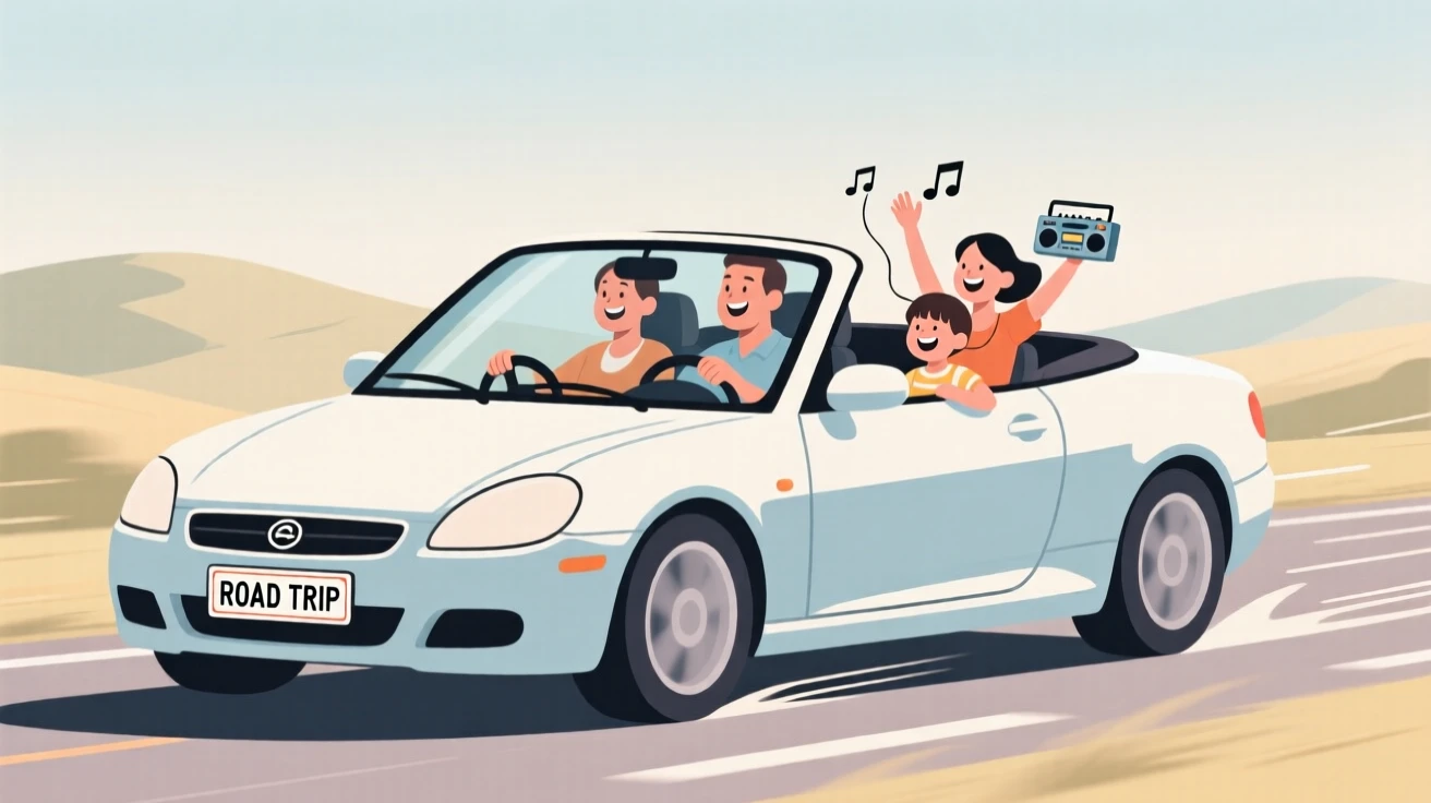 A family enjoying a road trip with the windows down and music playing.