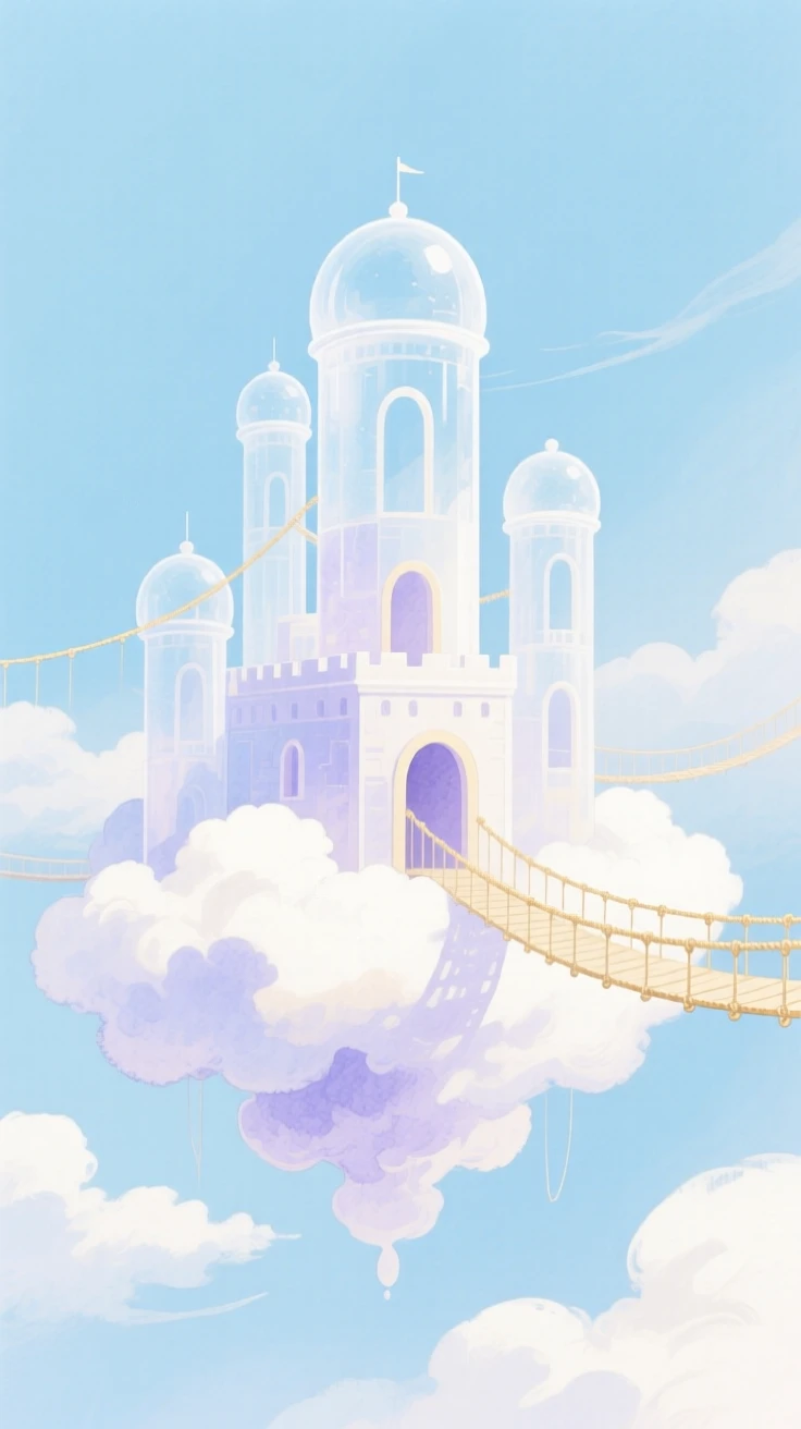 A dreamlike scene of a cloud castle, connected by delicate rope bridges, inviting quiet wonder and imagination