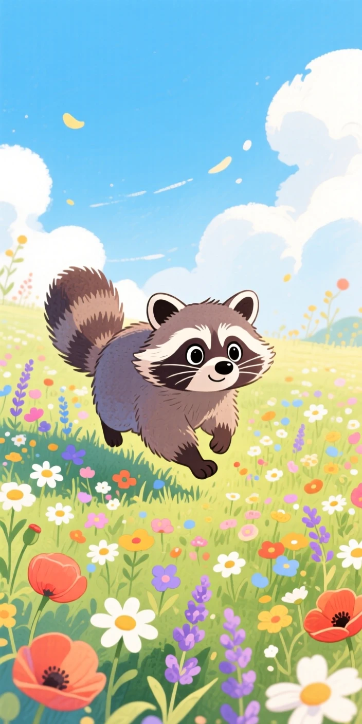A shy raccoon hopping through a meadow of wildflowers, set in a meadow bursting with wildflowers under a blue sky, showing unconditional love and loyalty.