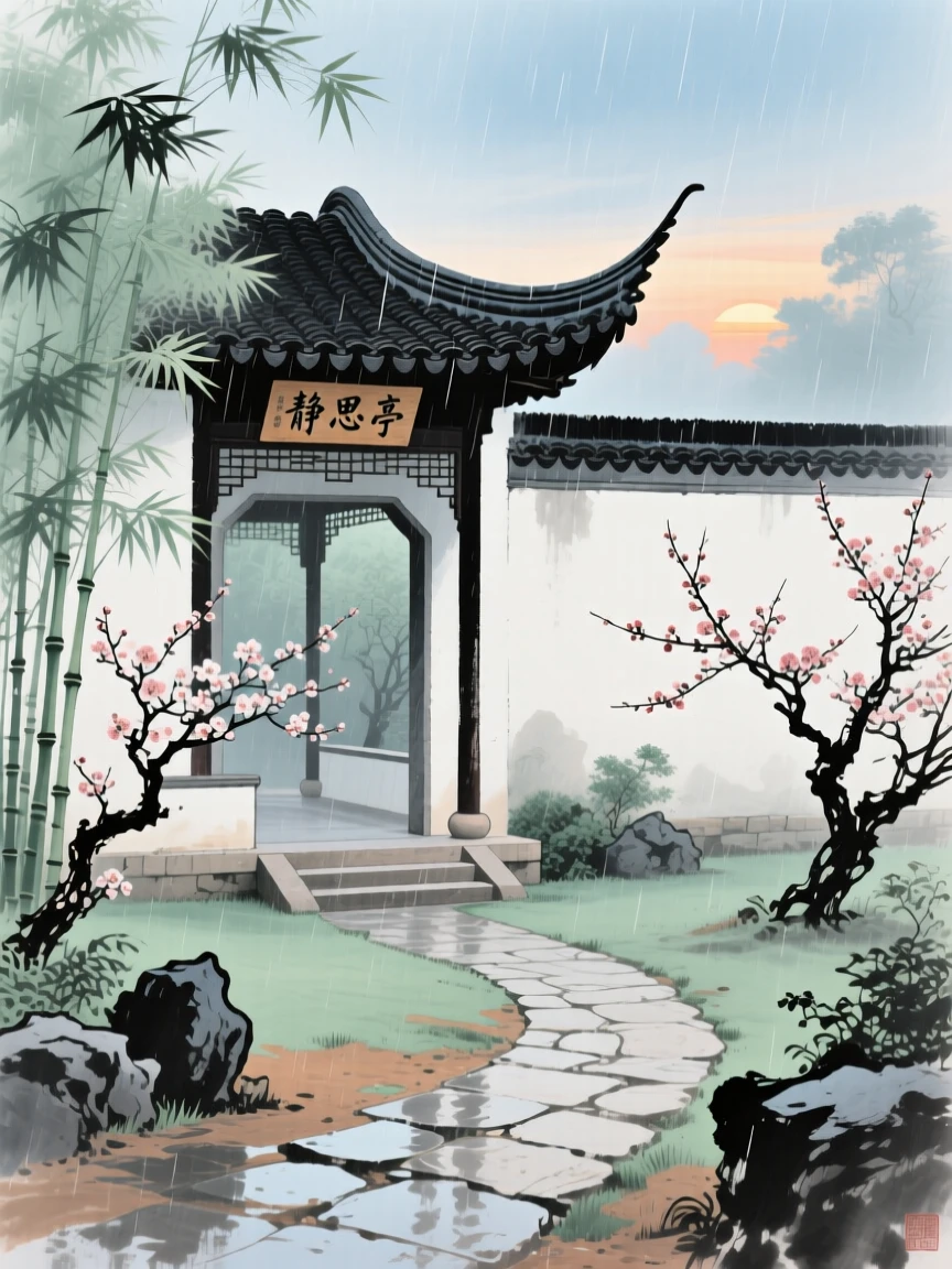 A walled garden with a winding path leading to a hidden pavilion, in the quiet hour before sunrise, under clearing skies after a storm, filled with tranquil stillness.