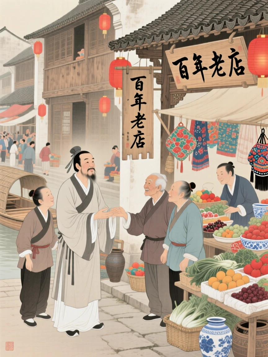 A ferryman greeting old friends after years apart in a marketplace bustling with color and life