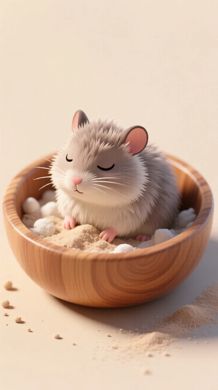 A fluffy chinchilla taking a dust bath in a wooden bowl, fur puffed up and eyes closed in pure contentment.