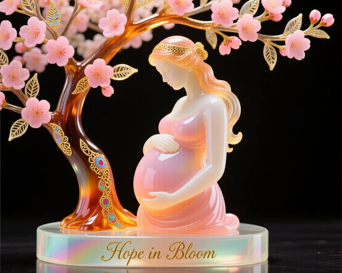 A pregnant woman gently cradling her belly beneath a blooming cherry tree, tender and hopeful.