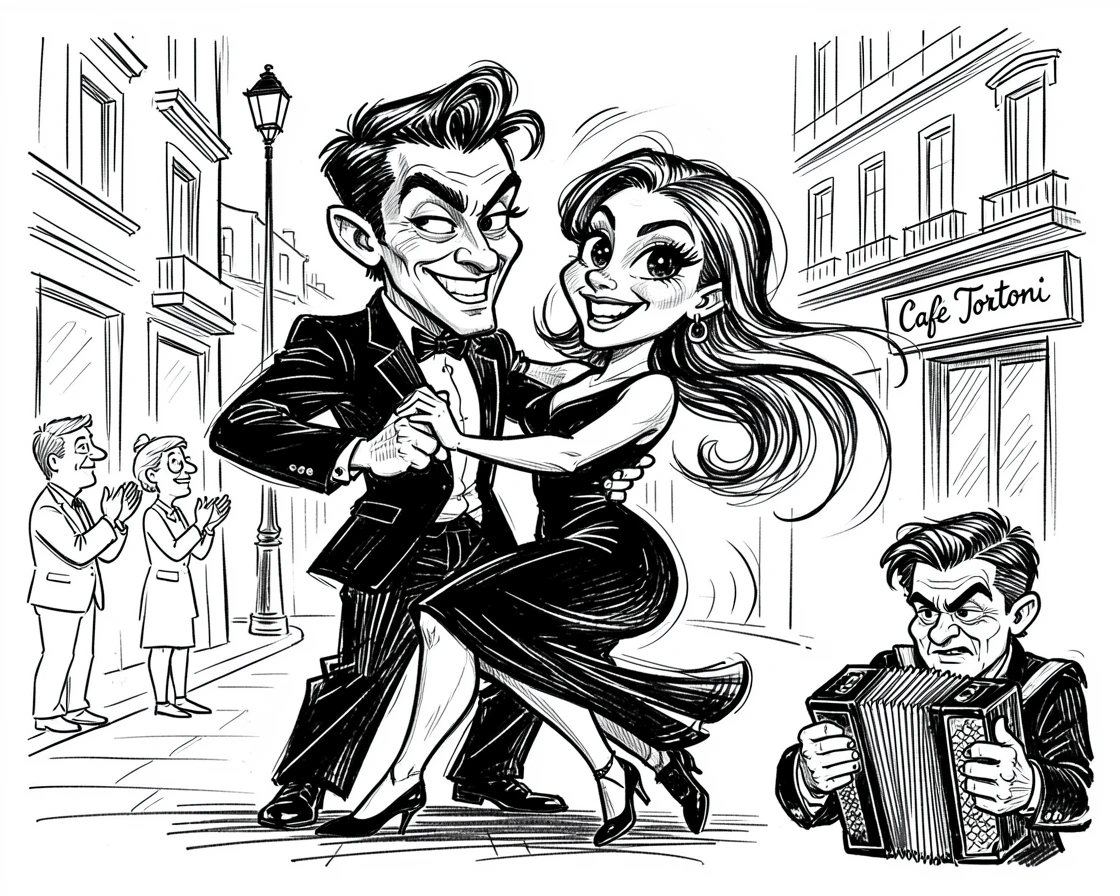 [Travel & Cultural Experiences] Vivid travel scene of a couple dancing tango on a lively street in Buenos Aires, full of wonder and adventure