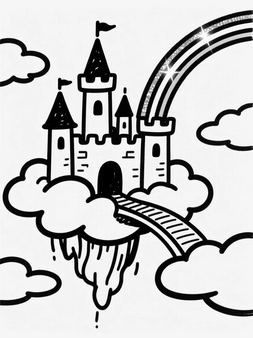 A castle floating among the clouds, connected by a shimmering rainbow bridge.