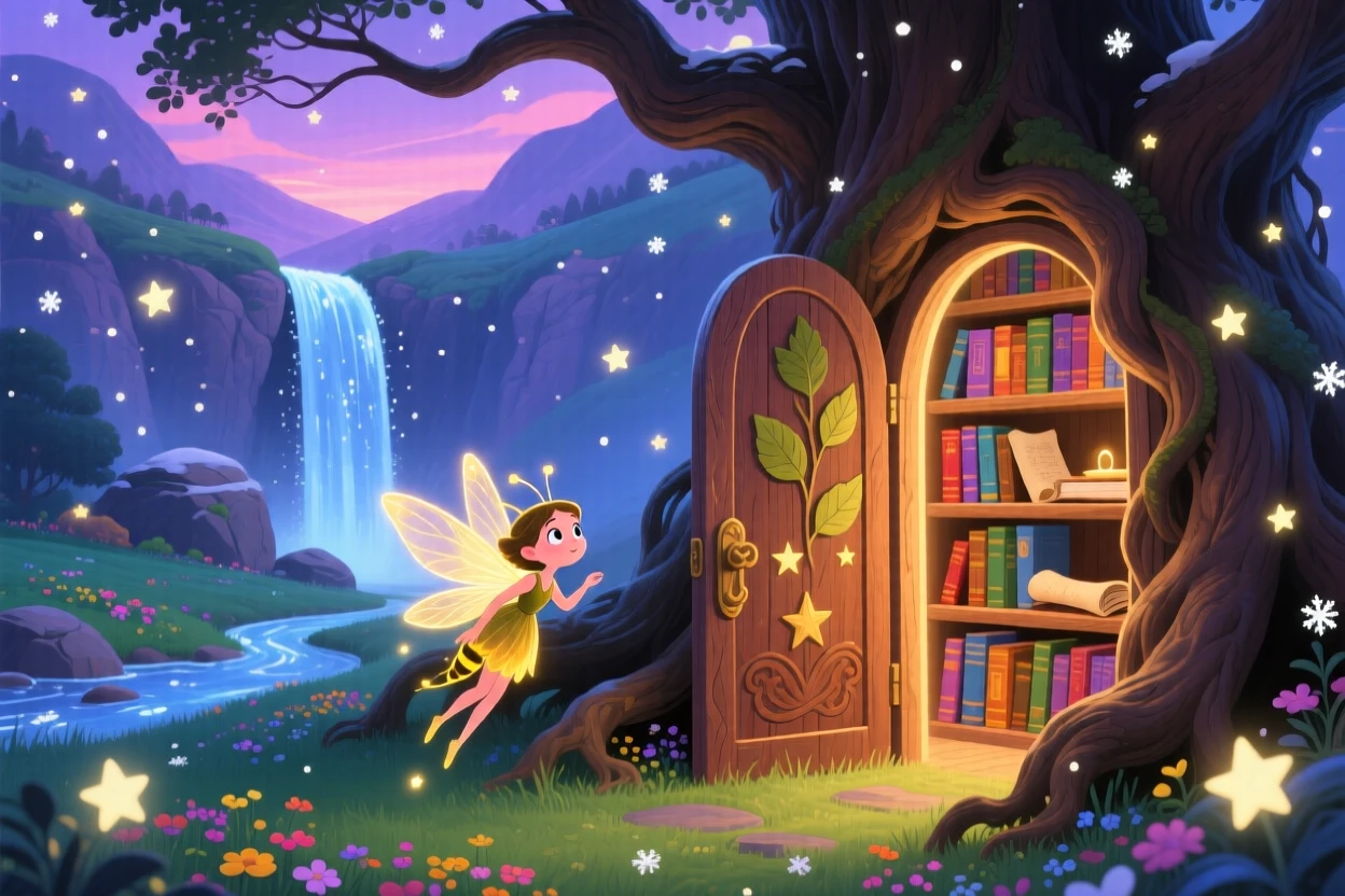A firefly fairy pauses from discovering a hidden library inside a giant oak to marvel at a hidden valley behind a waterfall, as tiny stars fall like snow.