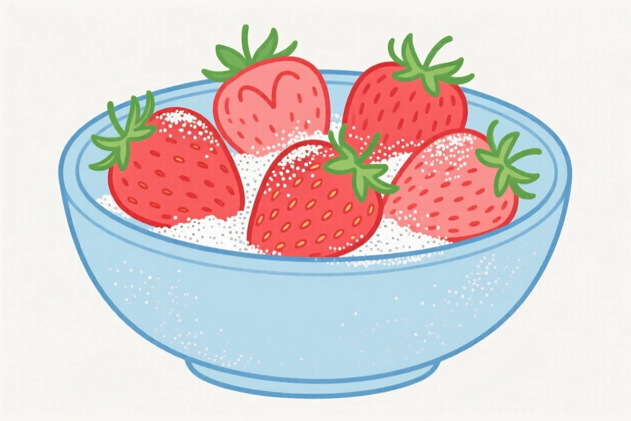 A bowl of fresh strawberries with a dusting of powdered sugar.