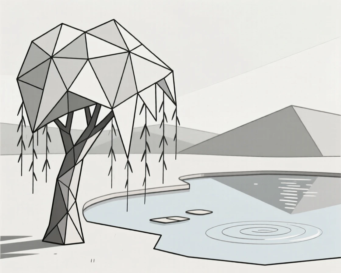 A weeping willow tree beside a quiet pond