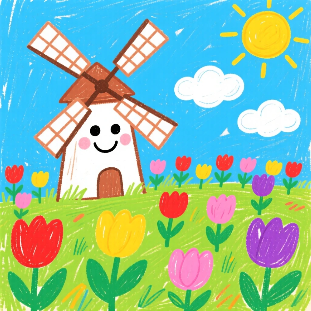 A windmill turning slowly beside a tulip field.