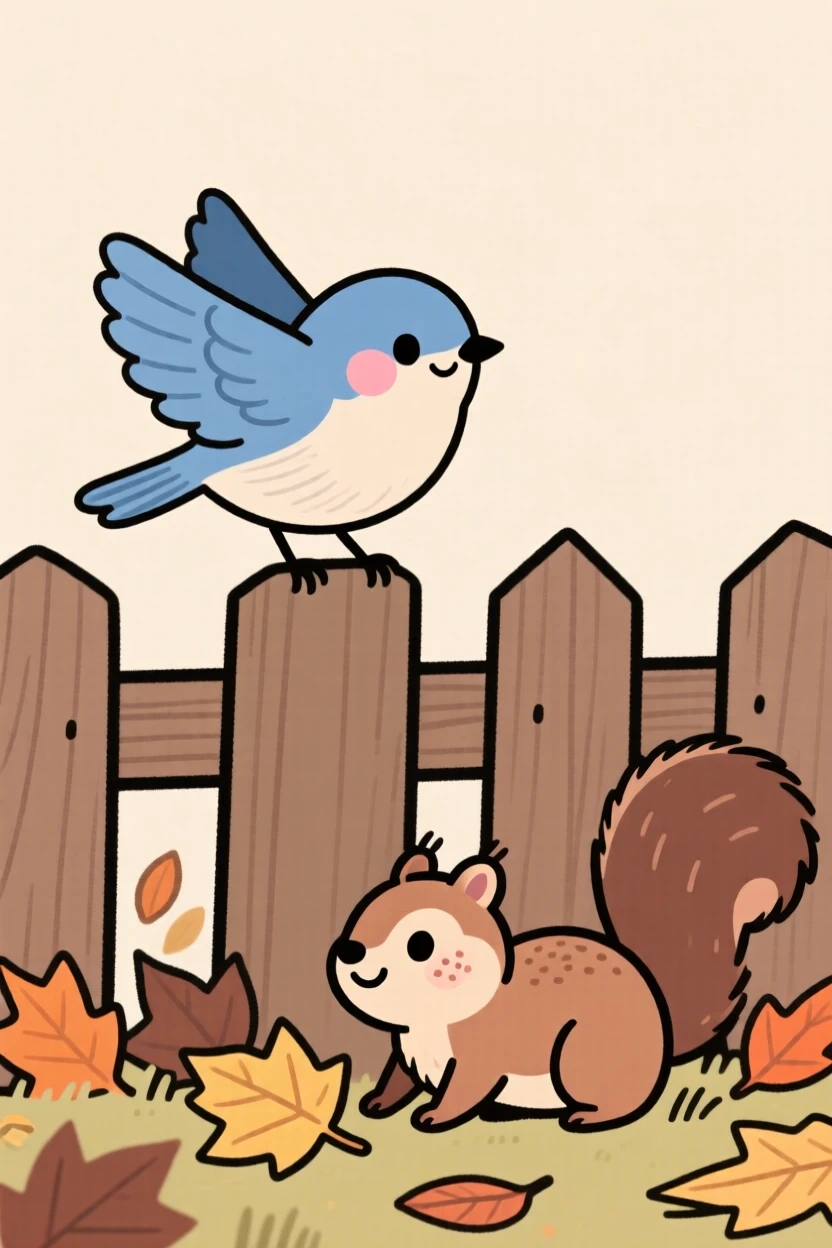 A bluebird perches on a garden fence, fluffing its wings while a chipmunk moves quietly through the fallen leaves below.