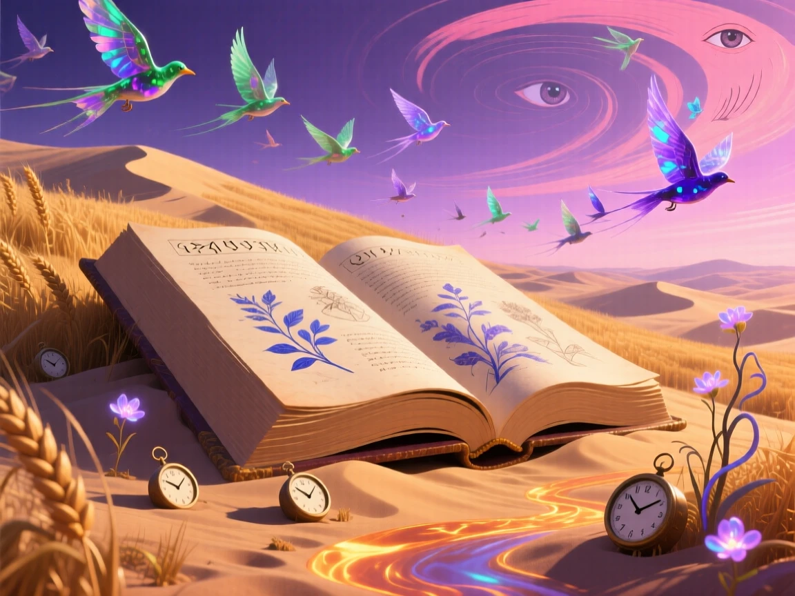 A massive book lying open on a hillside, its pages rustling like grass rests half-buried in drifting golden sand, as birds circle curiously around its towering form.