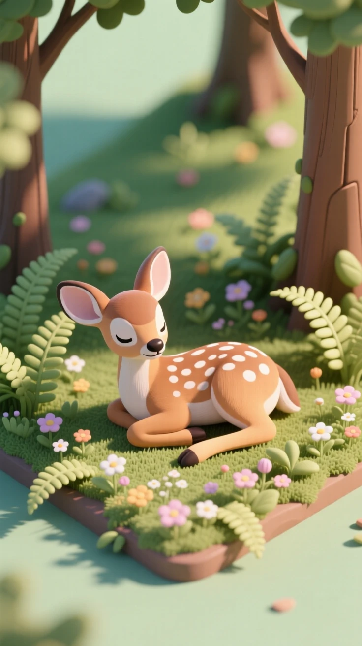 A baby deer resting in a sunlit forest clearing, its spotted coat dappled with light, surrounded by ferns and wildflowers.