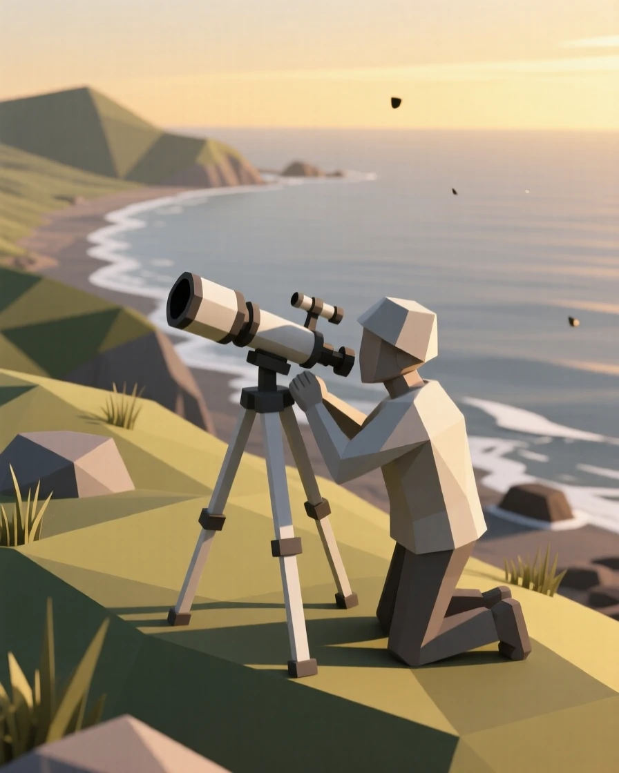 A stargazer setting up a telescope on a hilltop, at golden hour by the coastline. fine details highlight skill and craftsmanship. The mood feels adventurous and free.