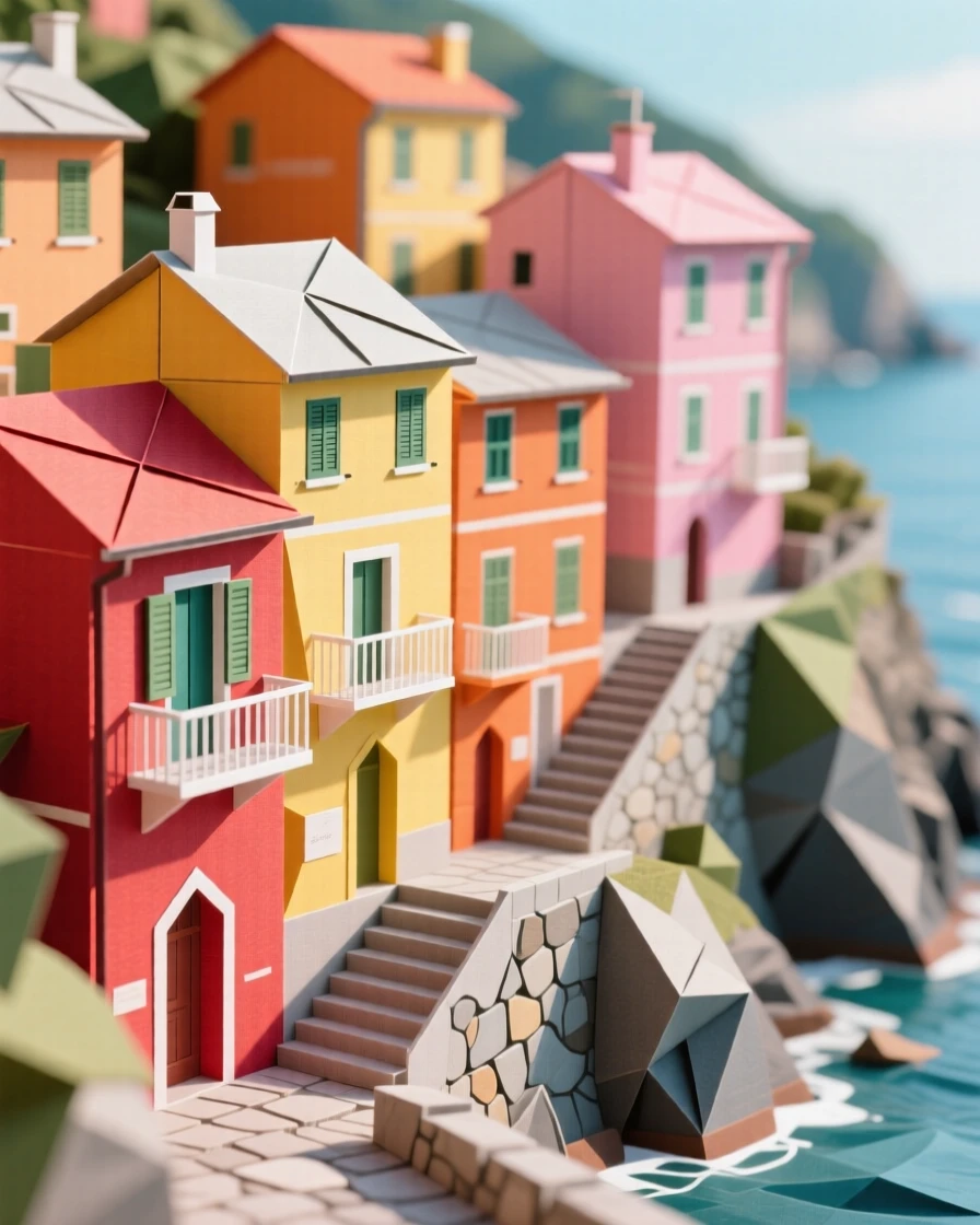 A colorful street of traditional houses in Cinque Terre clinging to the Italian coastline.