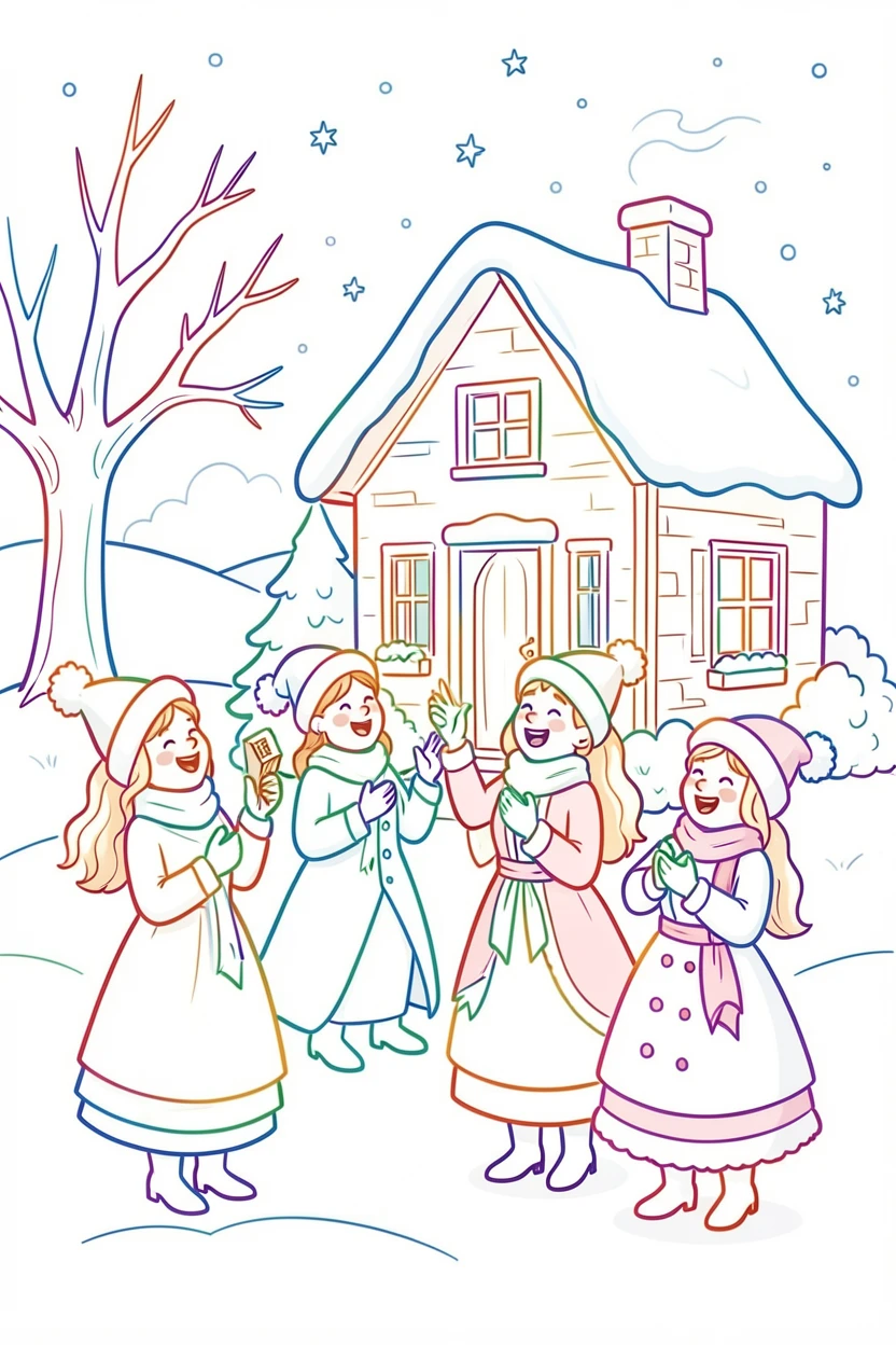 A group of carolers singing outside a snow-dusted cottage at night.