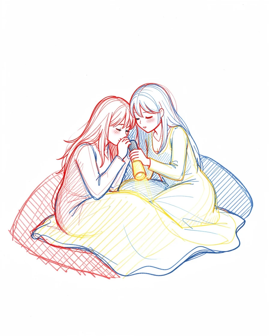 Two sisters whispering secrets under a blanket with a flashlight