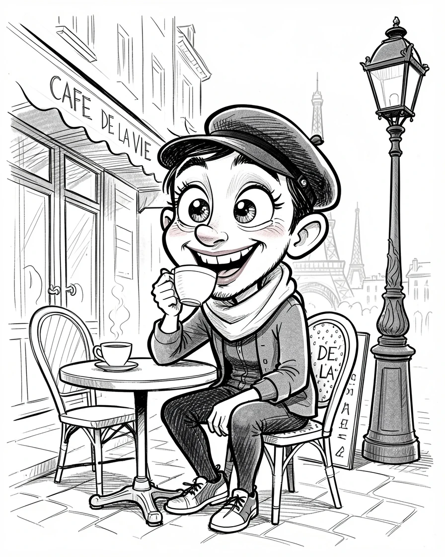 [Travel & Cultural Experiences] Vivid travel scene of a traveler sipping coffee at a sidewalk cafe in Paris, full of wonder and adventure