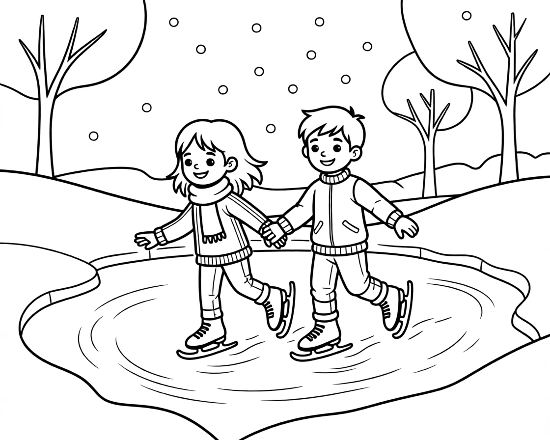 Children ice skating on a frozen pond surrounded by snow
