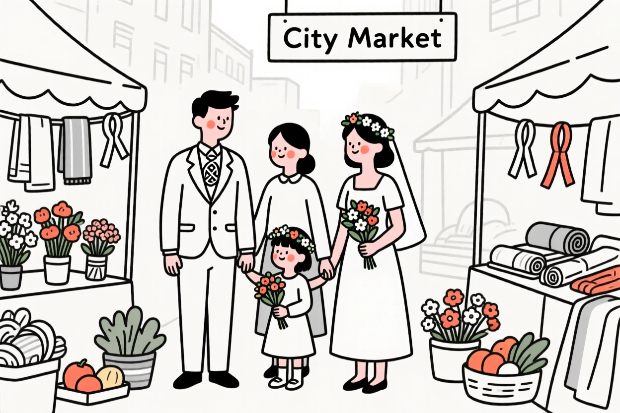 A family of Irish heritage preparing for a wedding day, in a bustling city market.