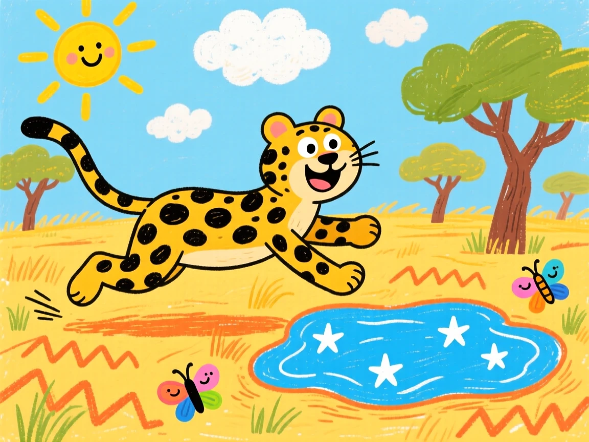 A cheetah sprinting across the savanna beside a sparkling watering hole.