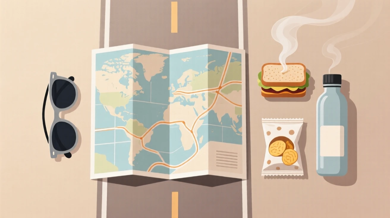 A weekend road trip setup with a map, sunglasses, and snacks, set against a backdrop of neutral, calming tones, arranged with balanced symmetry and calming negative space, with subtle steam rising to add a warm, lived-in feel.