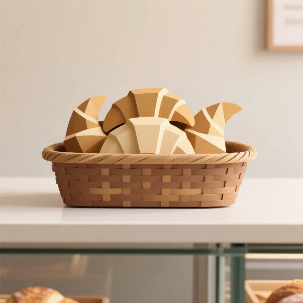 A basket of croissants on a bakery counter