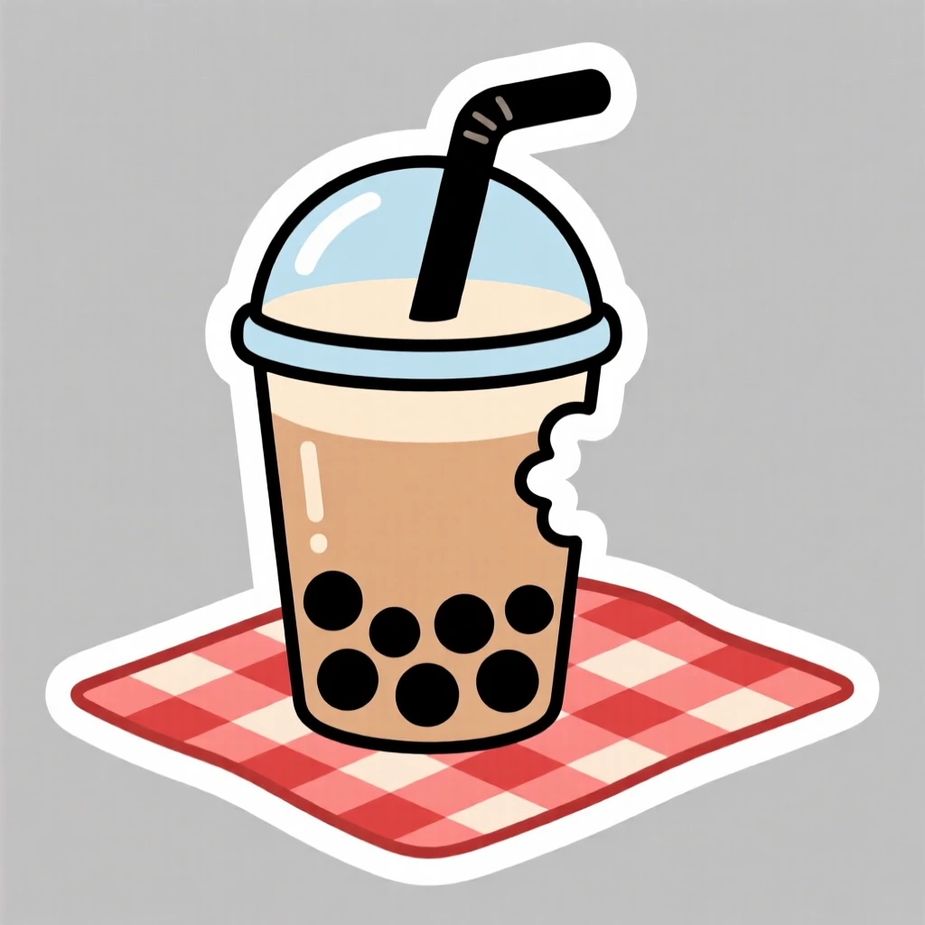 A cozy and comforting bubble tea with tapioca pearls, with a bite already taken out of it, on a checkered picnic blanket.