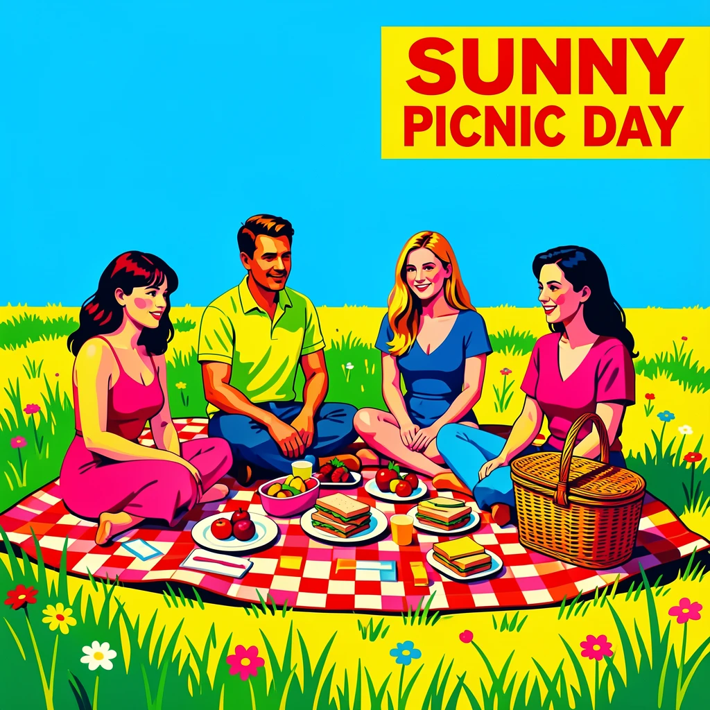 Friends having a picnic in a sunny meadow