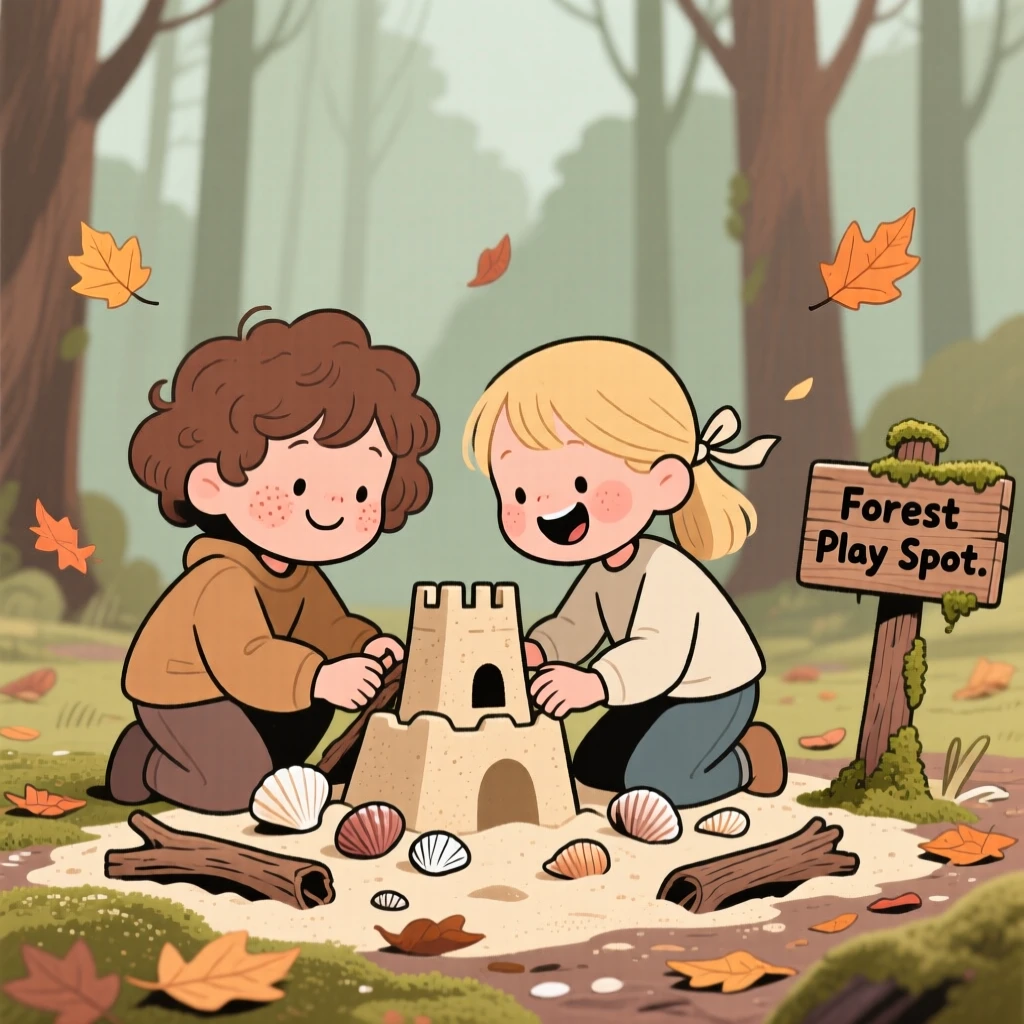 A pair of children build a sandcastle out of driftwood and shells in the quiet forest clearing, laughing as the wind sends leaves scattering everywhere.