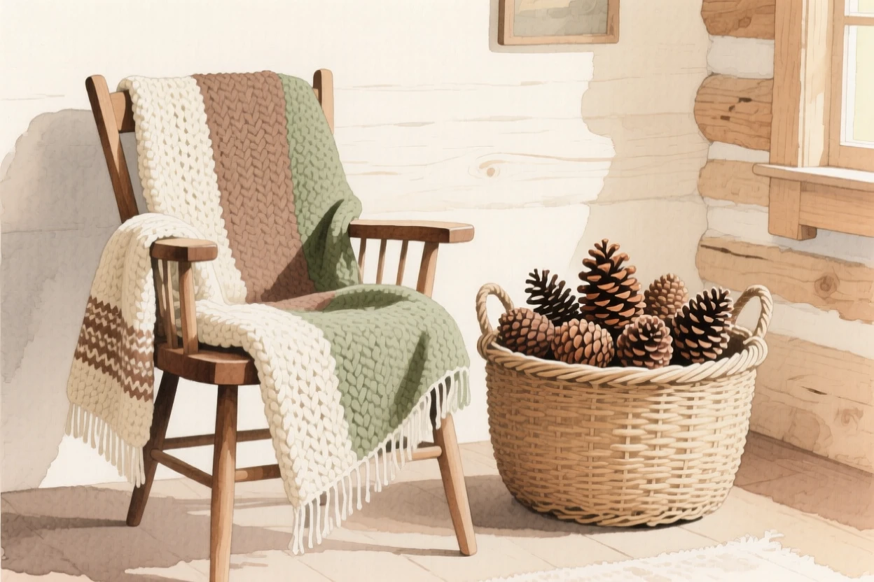 A charming view of a rustic cabin living room, with a knitted blanket draped over a chair, featuring a woven basket filled with pinecones