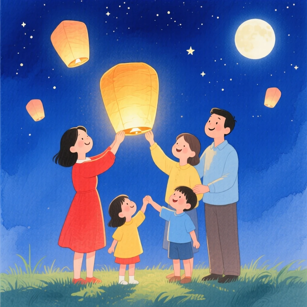 A heartwarming moment showing a family releasing lanterns into the night sky.