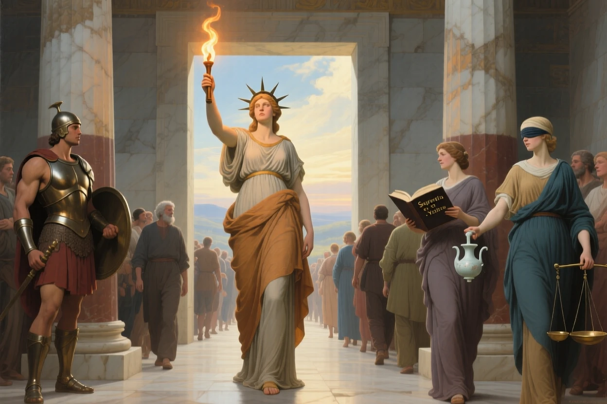 The spirit of Liberty leading a crowd toward the light at the threshold between the mortal and the eternal, set within a classical temple open to the heavens, with allegorical attendants representing virtues gathered nearby; contrasting light and shadow divide the canvas into meaningful halves, suggesting hope, transformation, and the endurance of the human spirit.